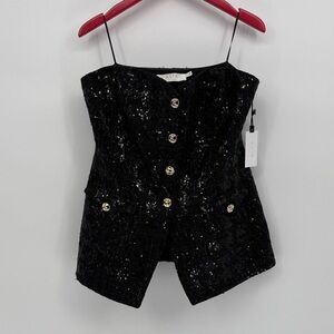 🧲 nwt Astr Milano Black Sequin button front strapless Top